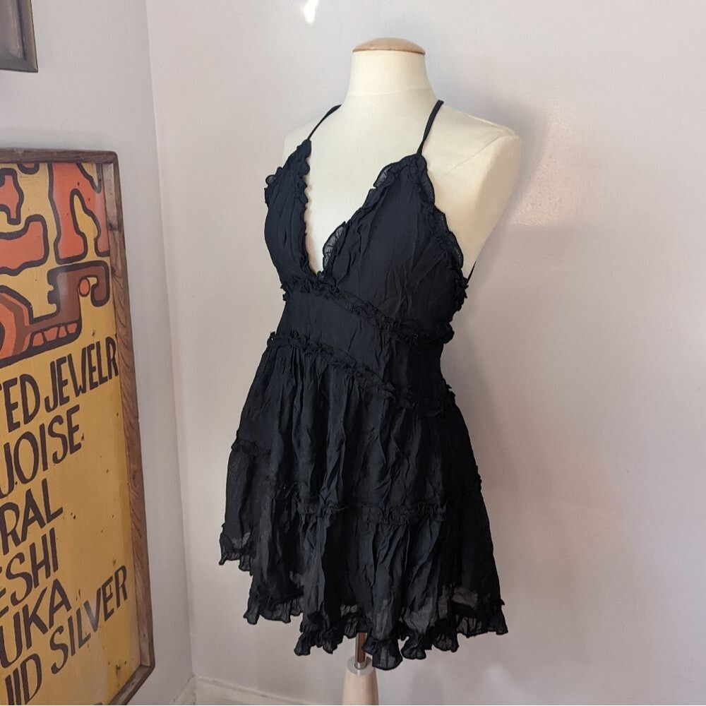 Black Crumple Open Shoulder Deep V Mini Dress